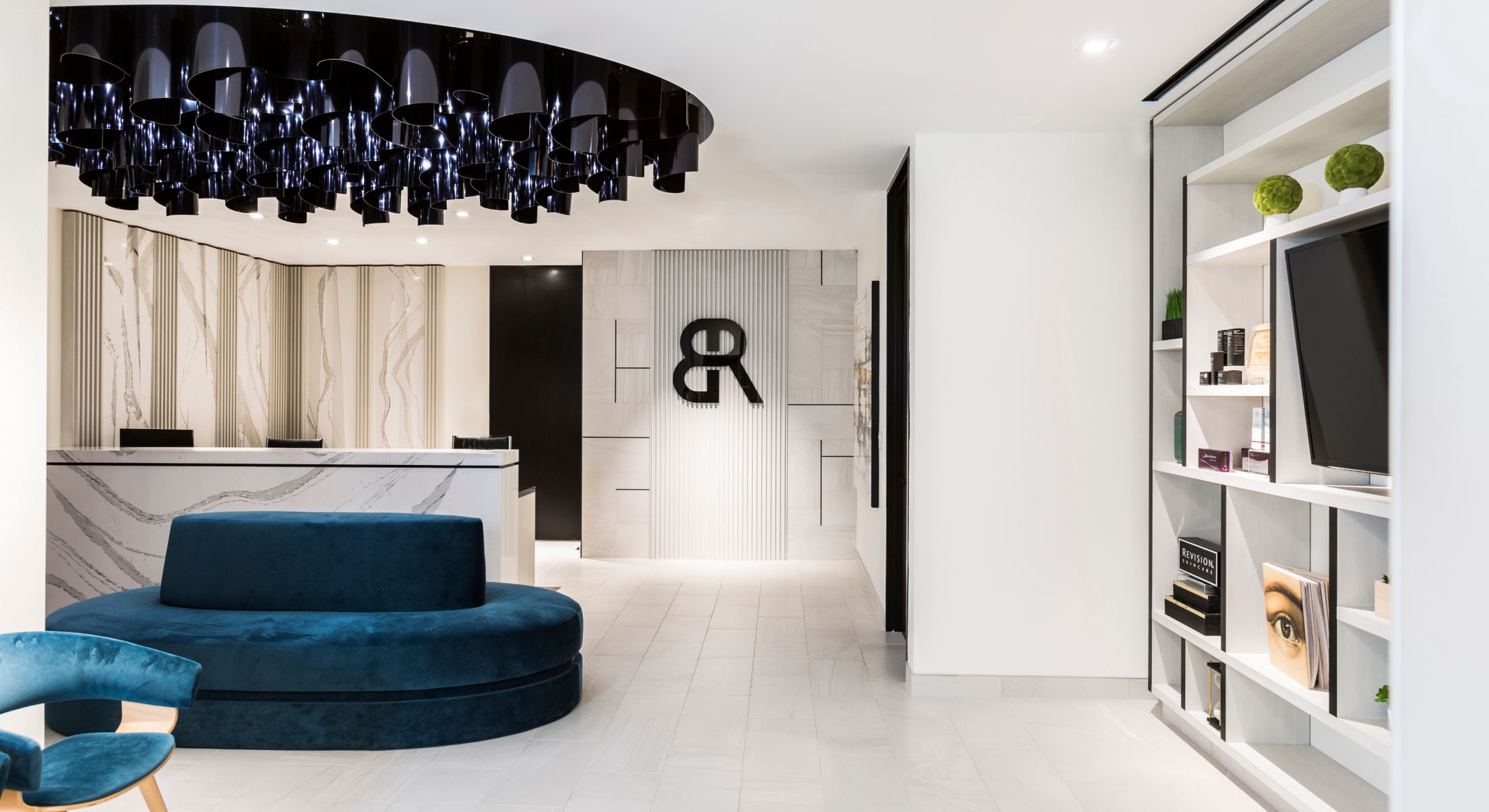 Modern reception area with stylish decor elements.
